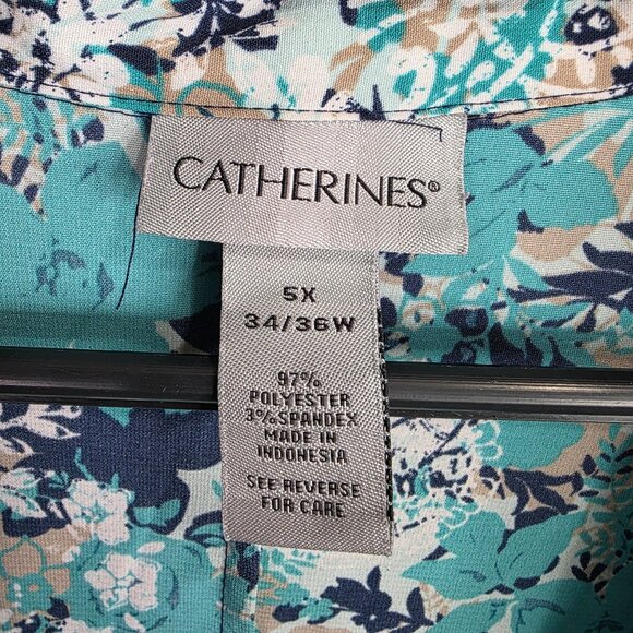 Womens Catherines Teal Blue Floral Print Blouse Button-Front 3/4 Sleeves Size 5X - Picture 2 of 7